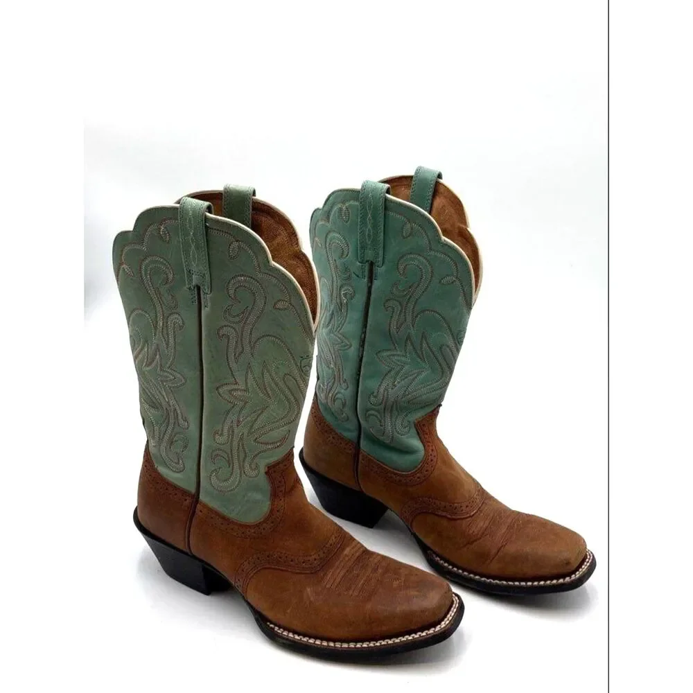 Ariat Women's 15840 Brown and Teal Leather Western Cowboy Boots Size 7.5B